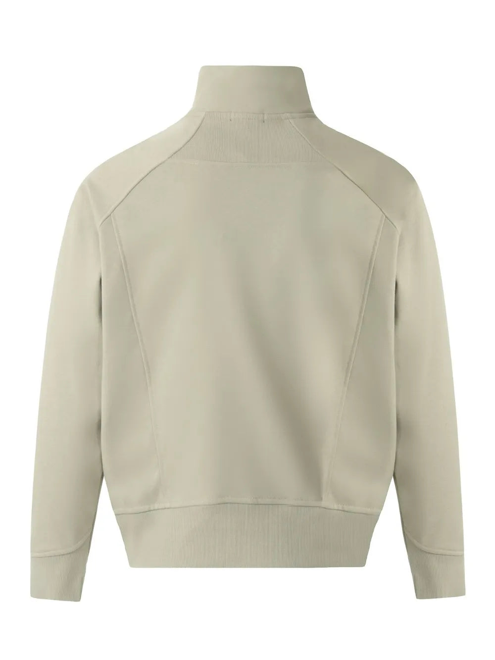 Sage zip-up sweatshirt with sculpted seam details and ribbed collar, cuffs, and hem.