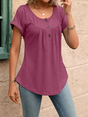 Burgundy relaxed henley t-shirt with button detail and cuffed short sleeves.