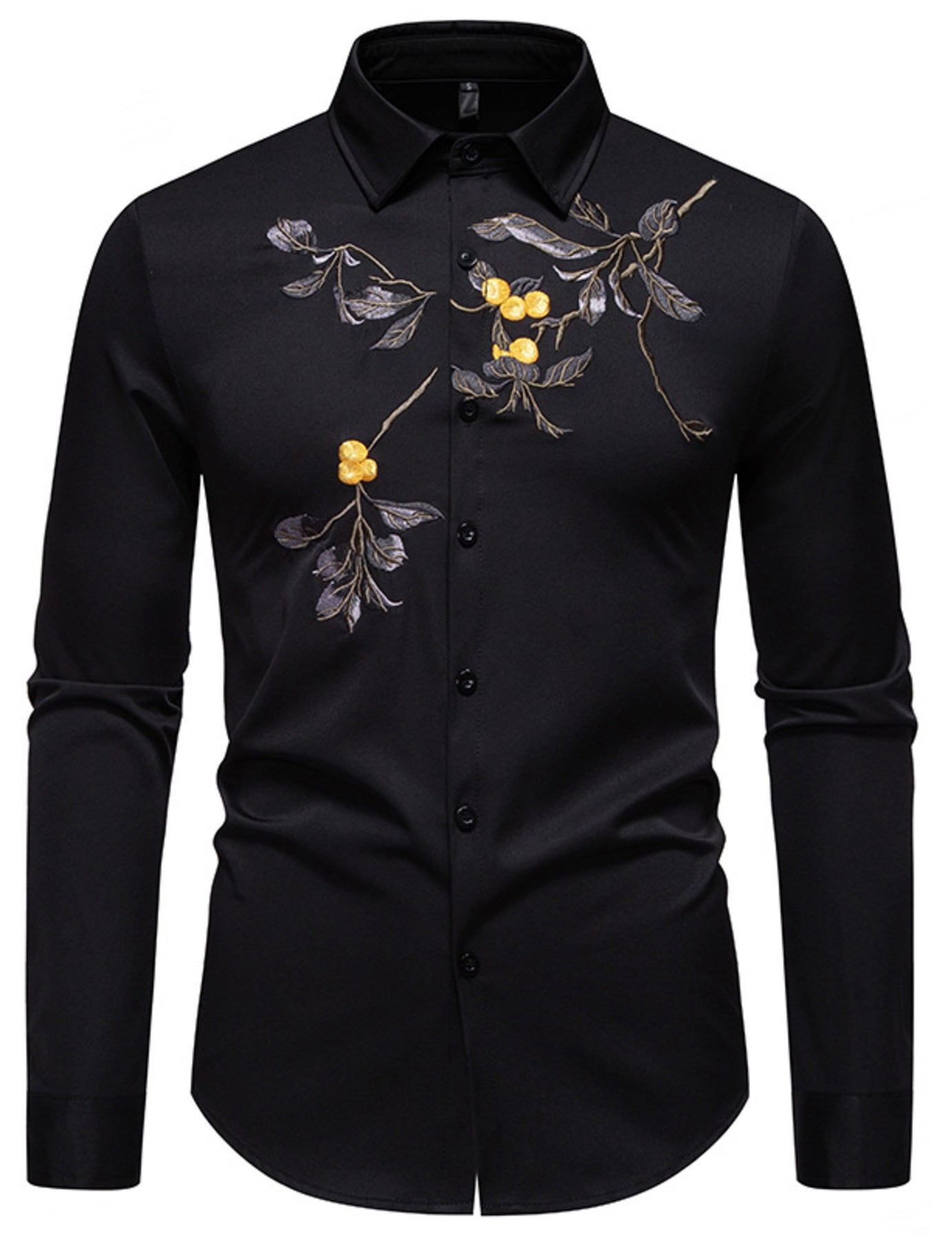 Black button-down cotton shirt with embroidered floral detail