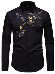 Black button-down cotton shirt with embroidered floral detail
