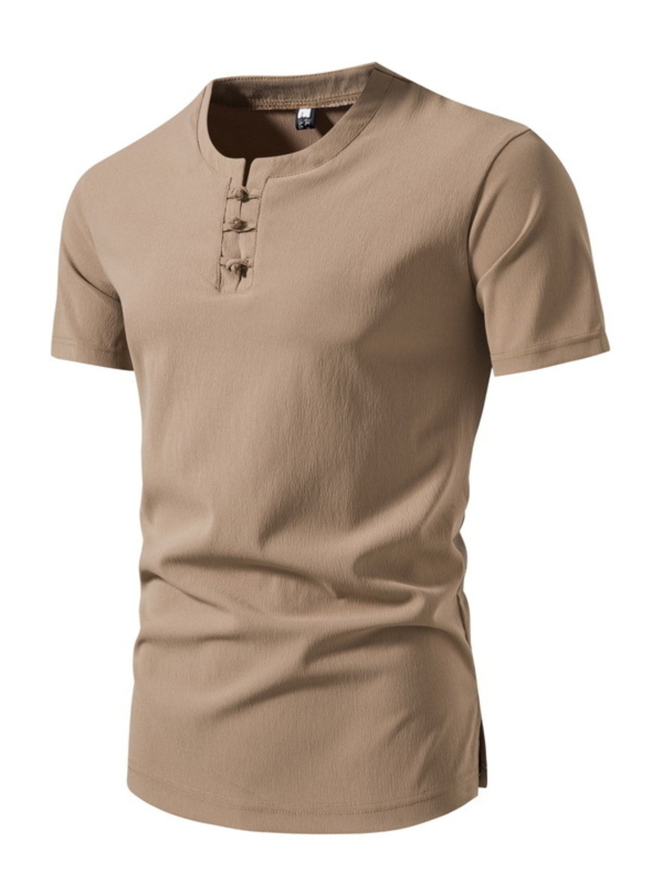 Men's camel cotton short sleeve henley t-shirt with button detail