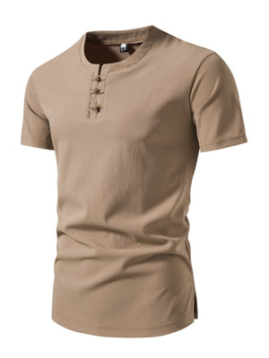 Men's camel cotton short sleeve henley t-shirt with button detail