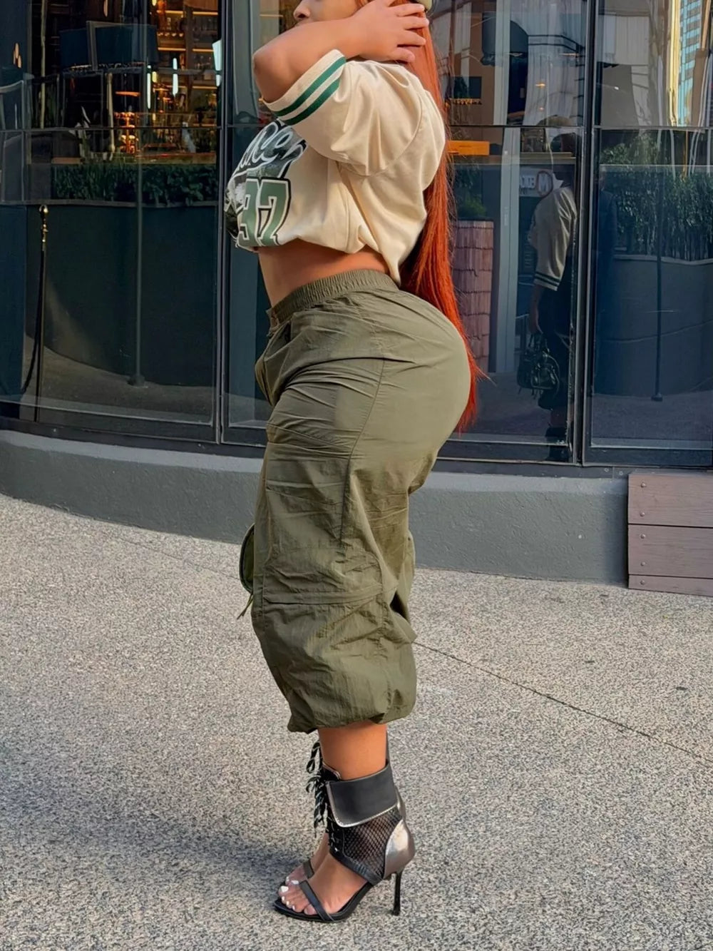 Baggy Cargo Cropped Pants in Army Green, back view