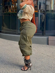 Baggy Cargo Cropped Pants in Army Green, back view