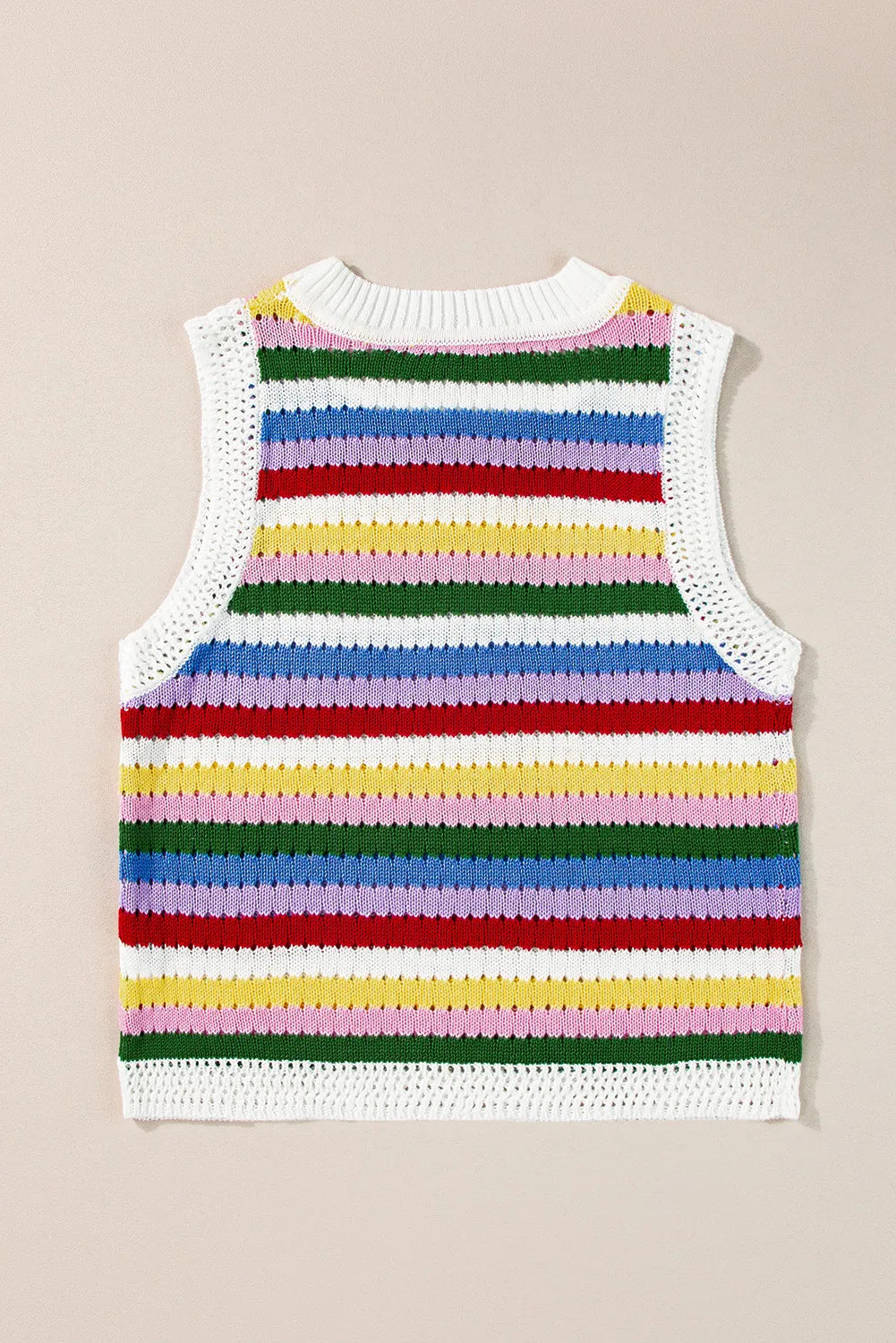 Rainbow stripe crochet tank top with white trim and crew neck.