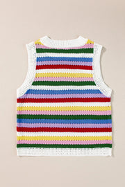 Rainbow stripe crochet tank top with white trim and crew neck.