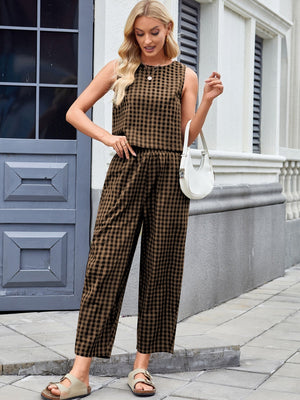 Brown gingham cropped tank and wide leg pants set with round neckline and sleeveless design.