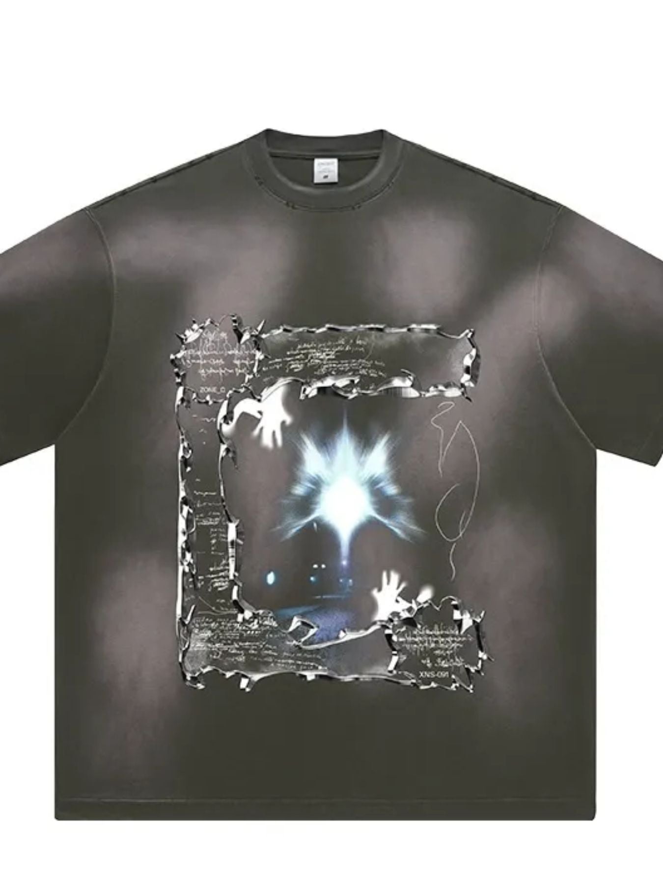 Men's dark gray cotton vintage graphic t-shirt with abstract print and round neck.