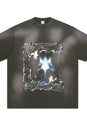 Men's dark gray cotton vintage graphic t-shirt with abstract print and round neck.