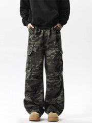 Relaxed fit dark camo cargo pants with multiple pockets and adjustable waist.