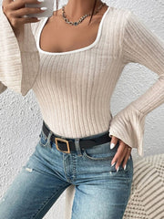 Ribbed flare sleeve top in Dust Storm with white contrast trim and square neckline.