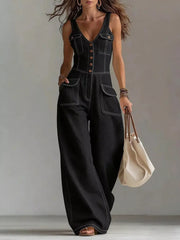 Button-front Denim Wide-leg Jumpsuit in Black, close-up detail