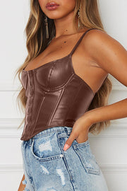 Faux leather corset cami top in dark brown, white, or black.