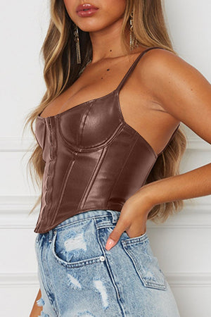 Faux leather corset cami top in dark brown, white, or black.