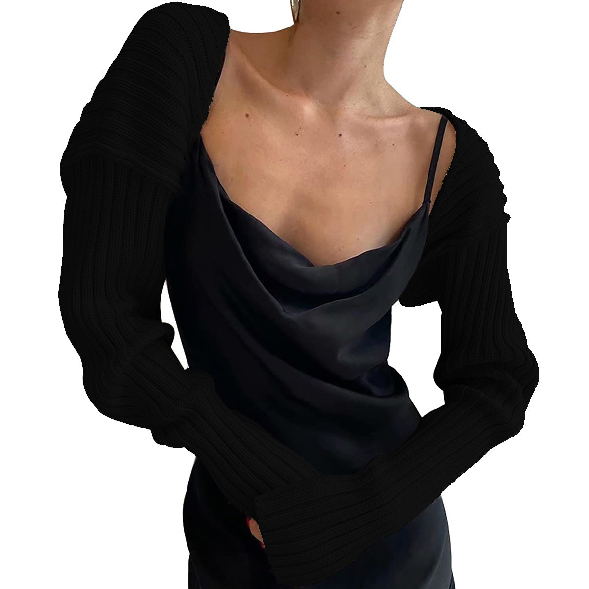Black ribbed knit sleeve shrug with long sleeves and a square neckline detail.
