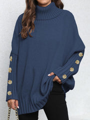 Dark Blue turtleneck sweater with button cuffs and slouchy knit detail.