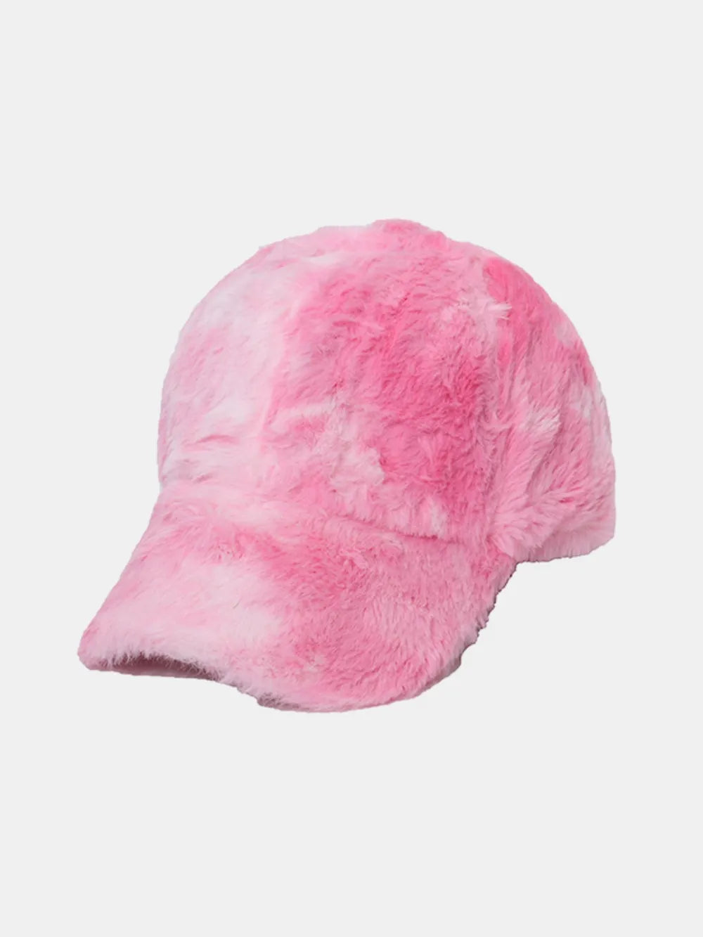 Faux fur baseball cap in Fuchsia Pink with tie-dye pattern.