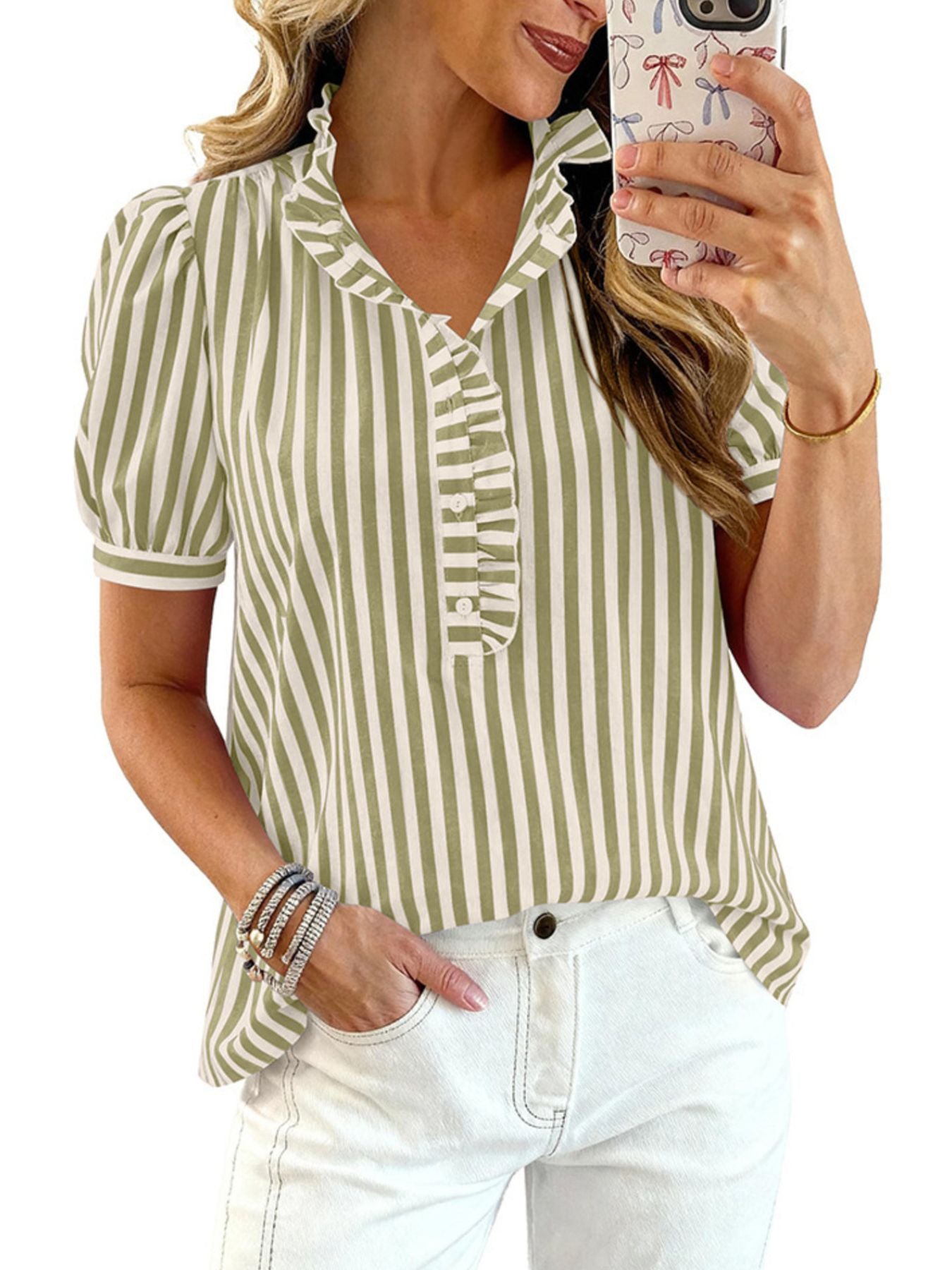 Ruffled puff sleeve blouse in light green and white stripes with button front and ruffled collar.