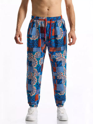 Men's Full Size Printed Drawstring Casual Pants in Chocolate, model styling view