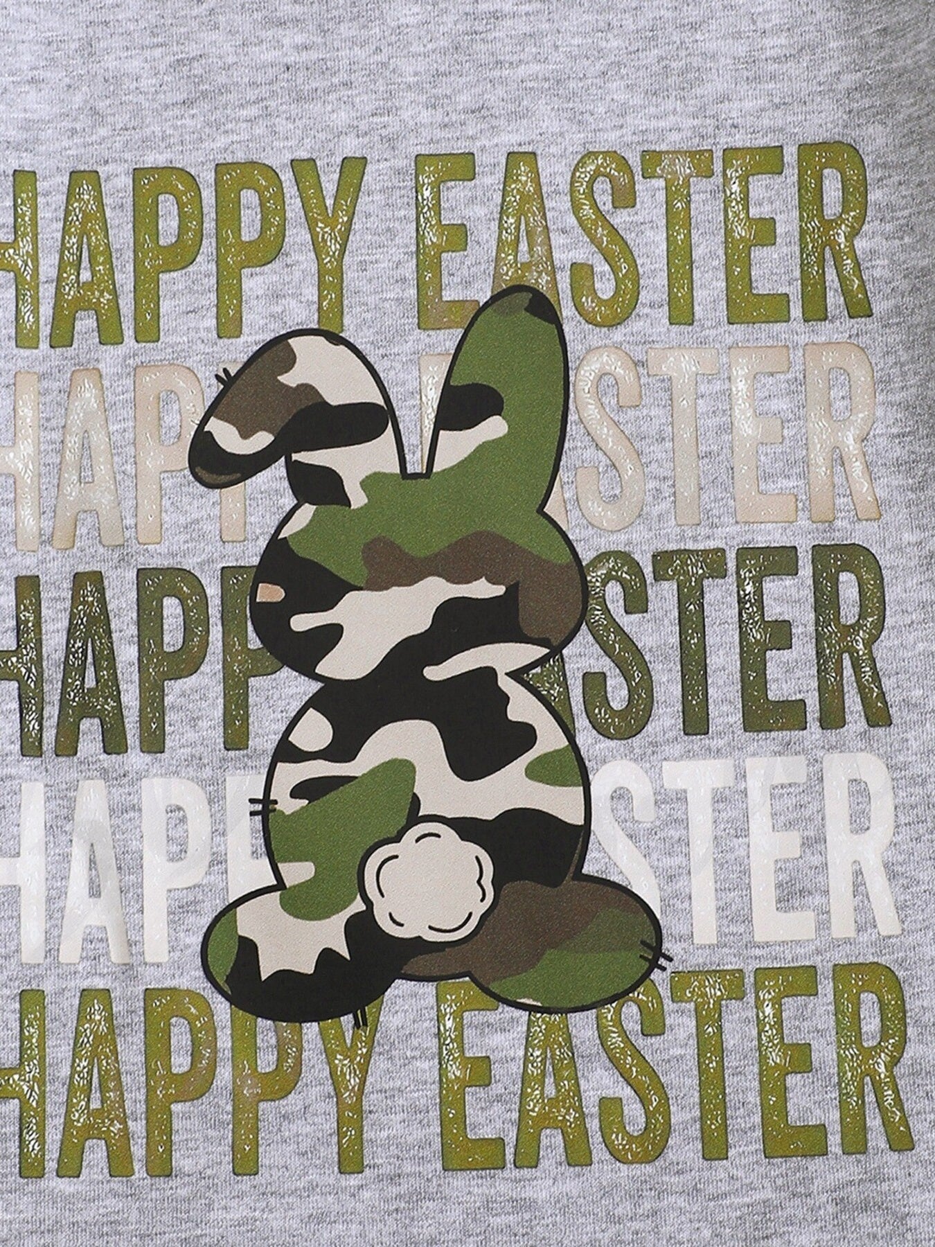 Gray cotton t-shirt with camouflage bunny and Happy Easter text.
