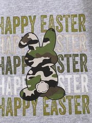 Gray cotton t-shirt with camouflage bunny and Happy Easter text.