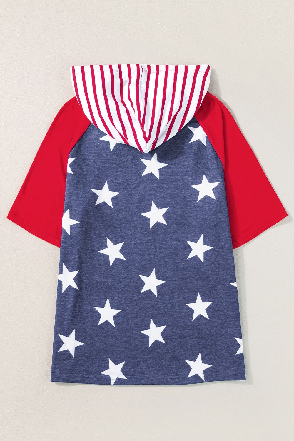 Patriotic raglan hooded tee in scarlet with white stars on navy and red stripes on hood.