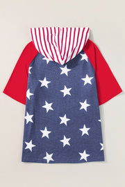 Patriotic raglan hooded tee in scarlet with white stars on navy and red stripes on hood.
