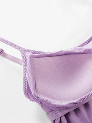 Soft-cup cami in lavender with adjustable spaghetti straps and a mesh overlay detail.