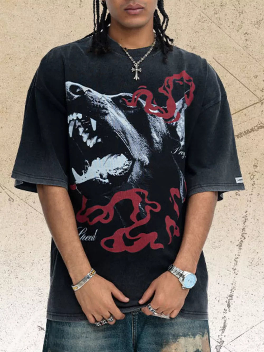Men's Vintage Wash Graphic T-shirt in Deep Teal, close-up detail