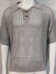 Gray open-knit polo shirt with pointed collar and two buttons