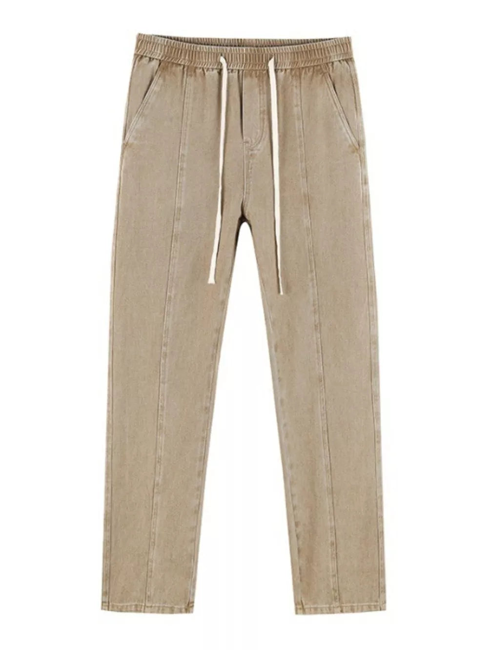 Tan relaxed fit cotton jeans with drawstring waist and front seams.