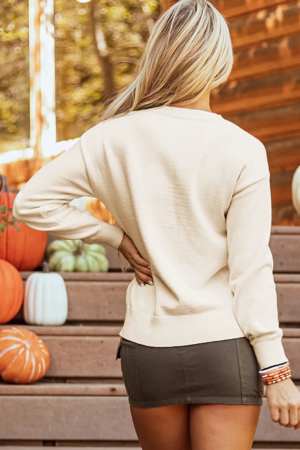 Ivory crewneck sweater with appliqué detail and ribbed cuffs and hem.