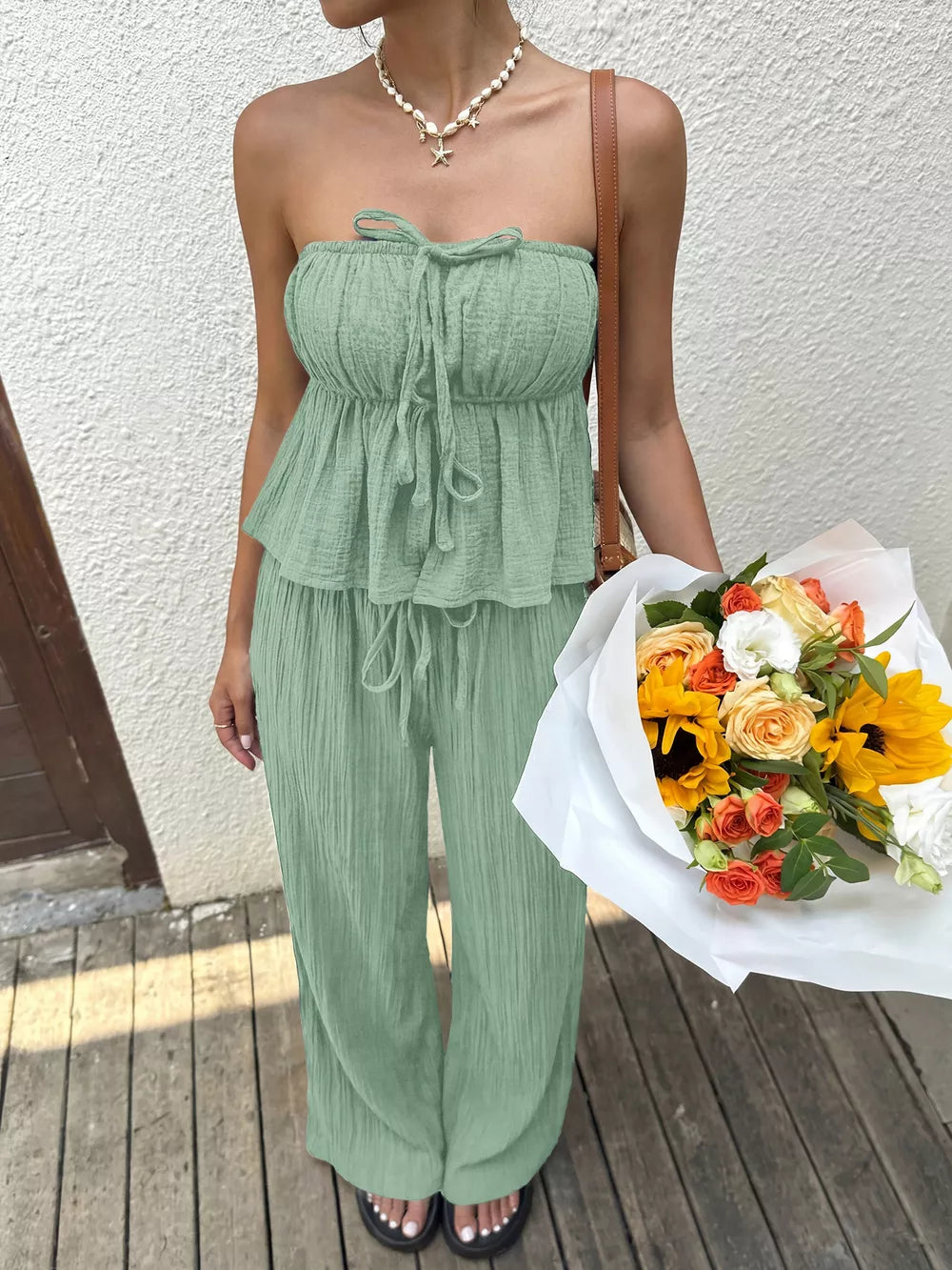 Gum Leaf tube top and wide-leg pants set with drawstring details