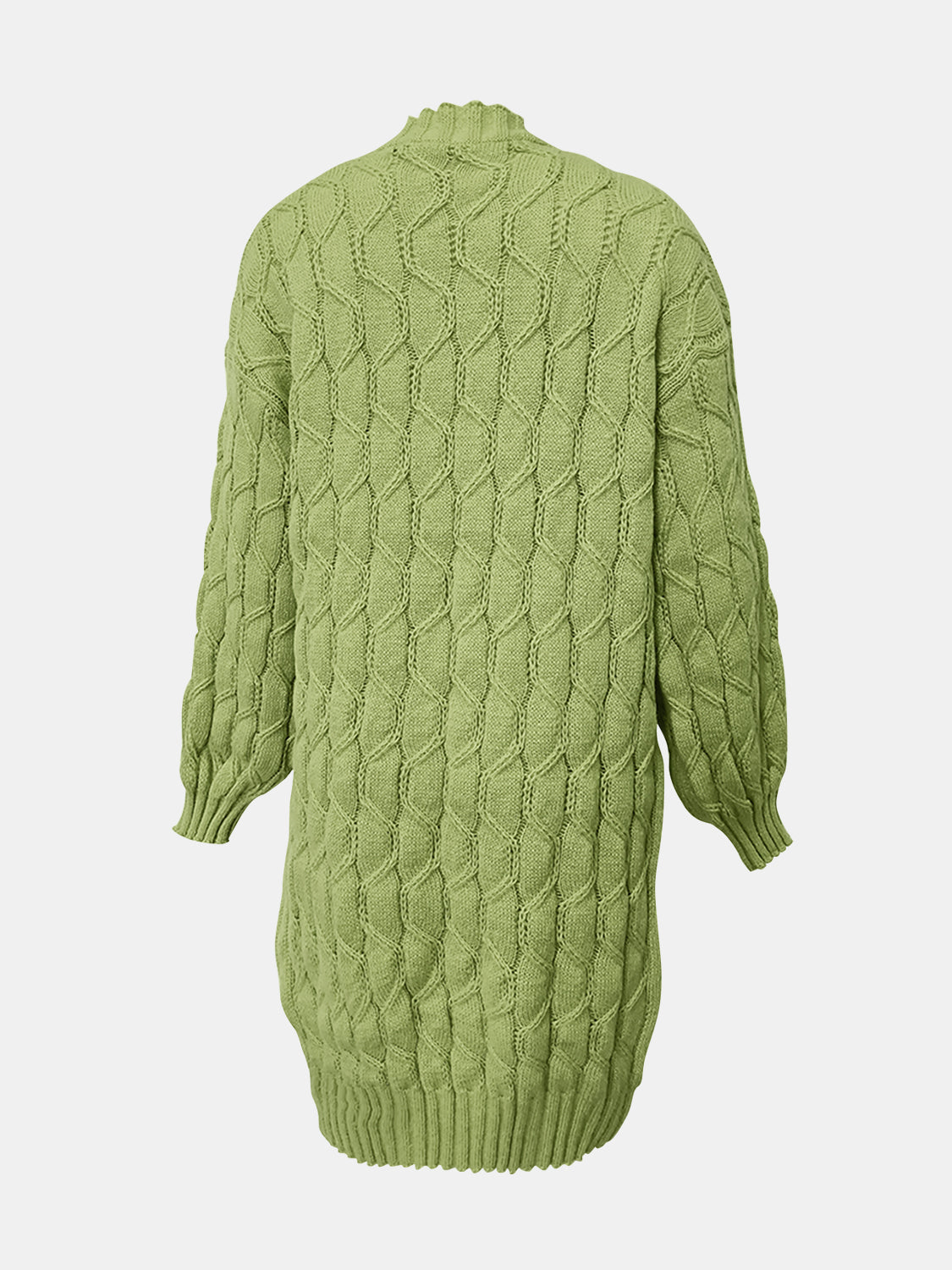 Green cable knit duster cardigan with textured diamond pattern and mock neck.