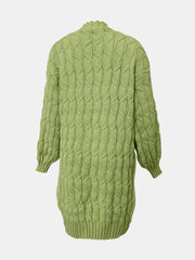 Green cable knit duster cardigan with textured diamond pattern and mock neck.