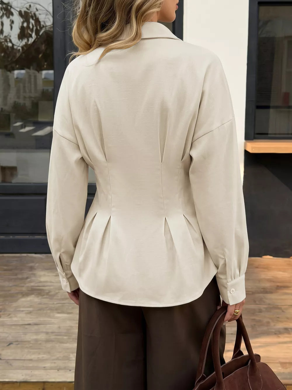 Ruched Button-up Peplum Shirt in Apricot, back view