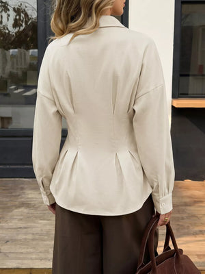 Ruched Button-up Peplum Shirt in Apricot, back view