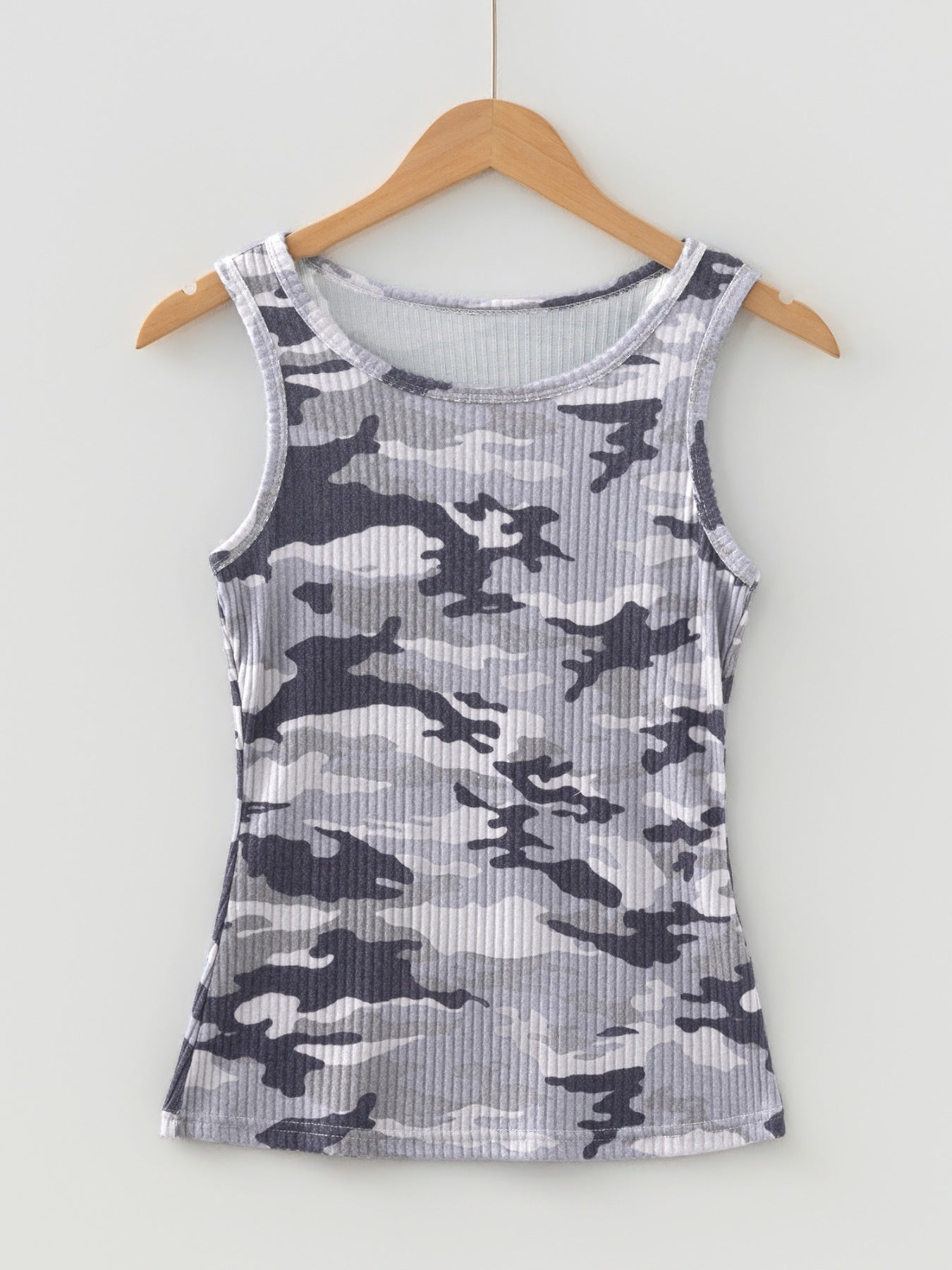 Gray ribbed knit camouflage tank top with a scoop neckline.