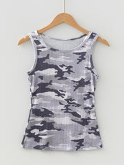 Gray ribbed knit camouflage tank top with a scoop neckline.