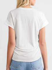 White seamed front ruched sleeve tee with cuffed short sleeves.