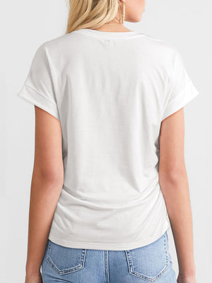 White seamed front ruched sleeve tee with cuffed short sleeves.