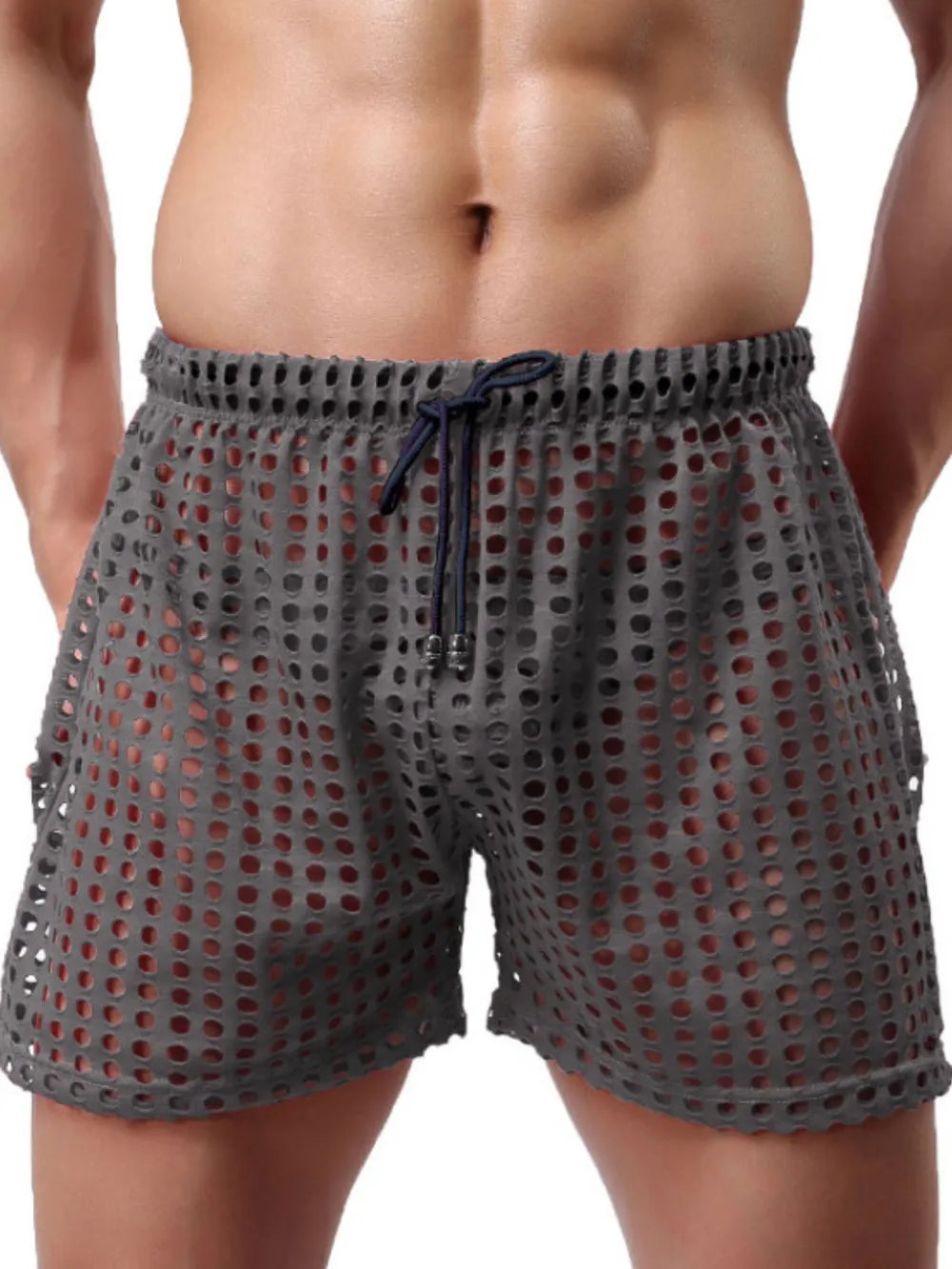 Dark Gray perforated sport shorts with drawstring waist and breathable athletic cut.