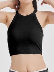 Black ribbed halter crop top with contrast stitching detail