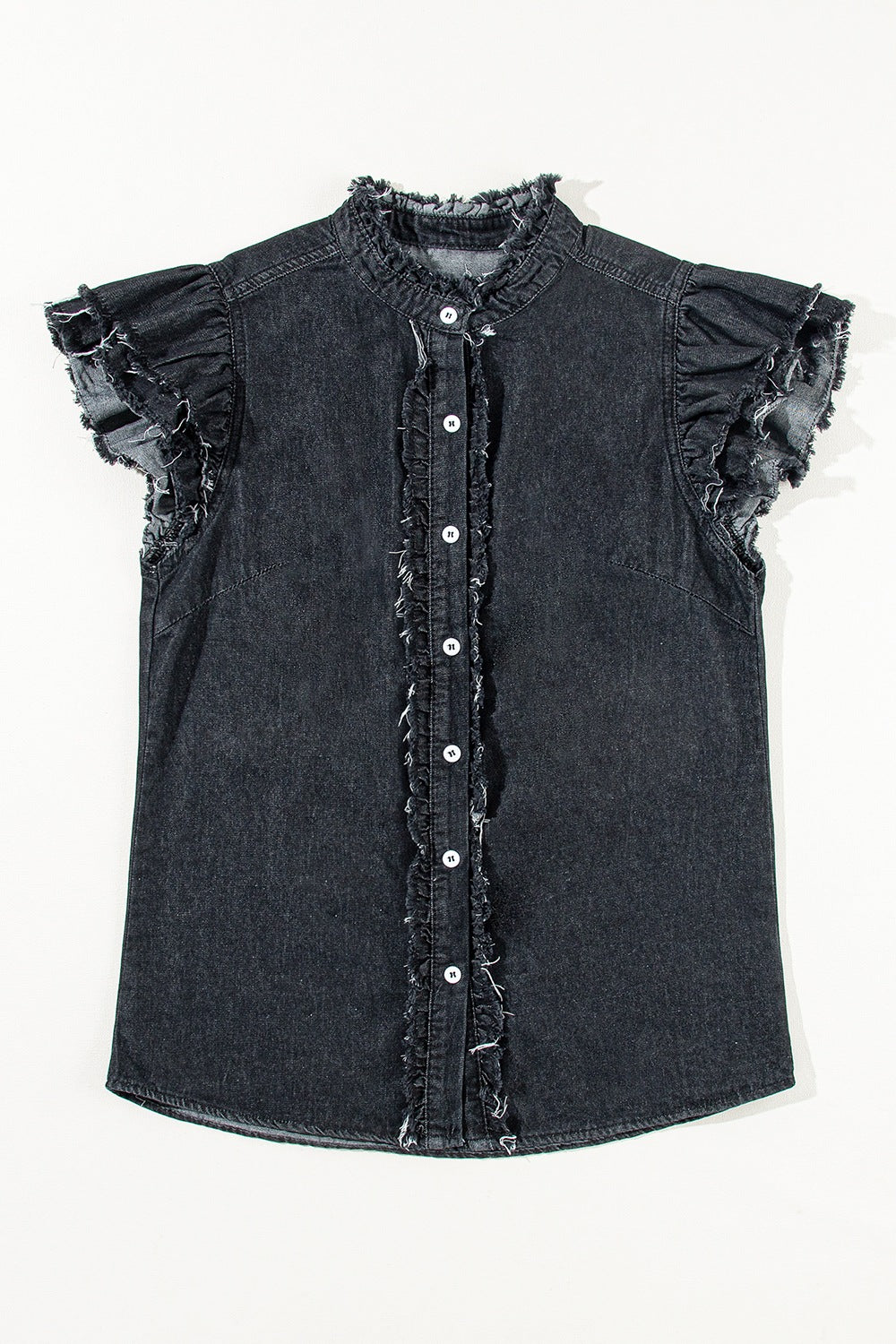 Black denim ruffle-trim button-up shirt with frayed details