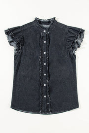 Black denim ruffle-trim button-up shirt with frayed details