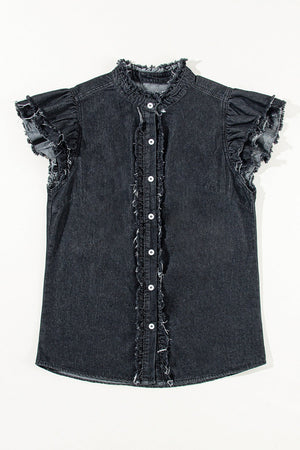 Black denim ruffle-trim button-up shirt with frayed details