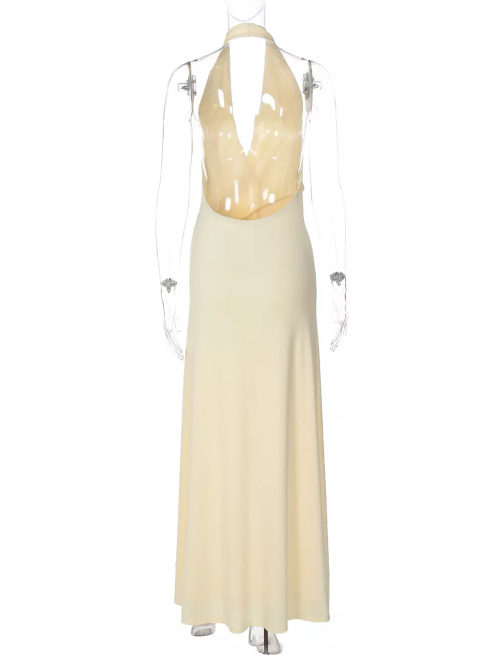 Yellow halter neck ruched maxi dress with plunging neckline and open back.