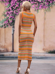 Striped knit sleeveless midi dress in orange, pink, green, and blue with a crochet texture.