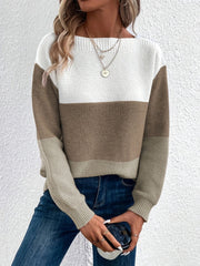 Colorblock ribbed knit sweater with boatneck in white, taupe, and light beige.