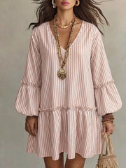 Striped Balloon Sleeve Mini Dress Plus Size in Light Green, front view